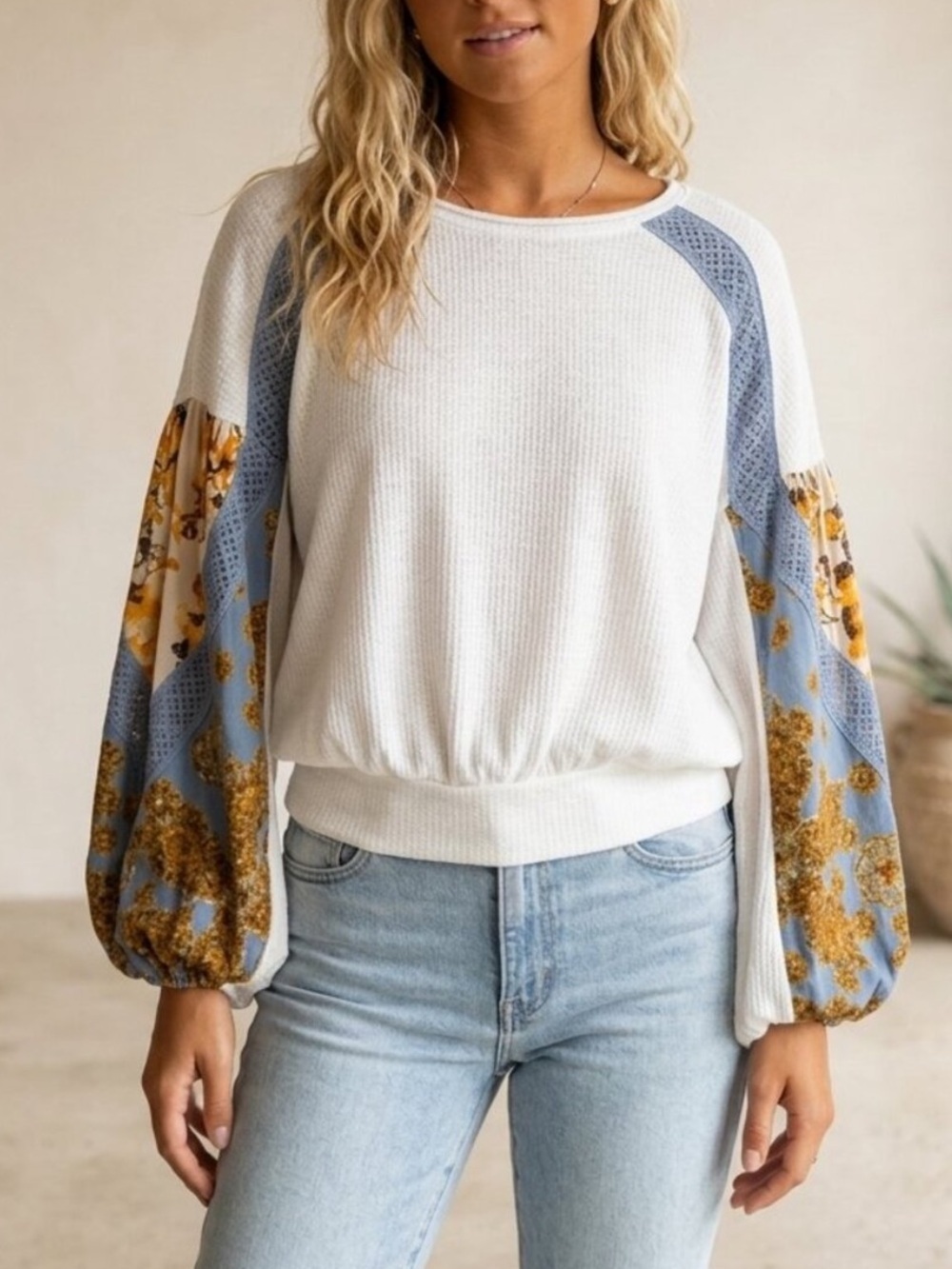 Free People Casual Clash Floral Print Balloon Sleeves Top Medium 54736